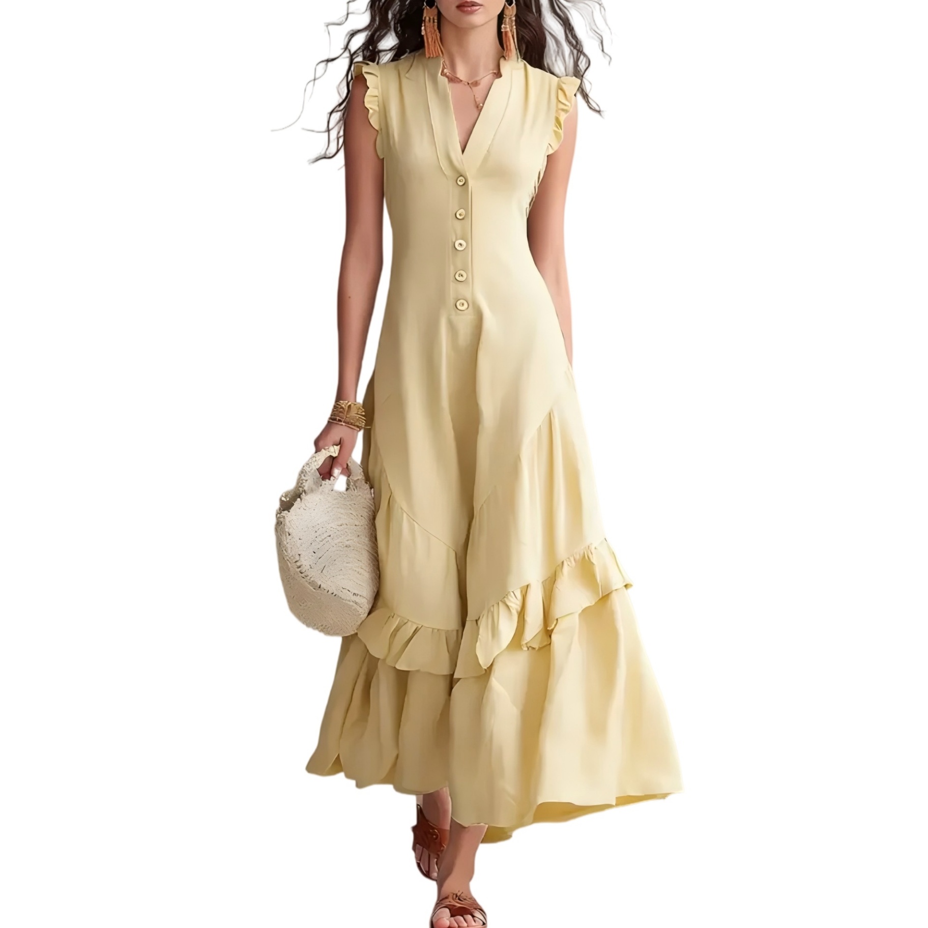 Boho Flowy Sleeveless Maxi Dress V-Neck Button-Front Ruffle Hem A-Line Skirt